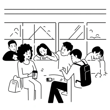 A crowded bus interior filled with half-asleep commuters. Several individuals are seated, some resting their heads against the window while others are leaning against the bus divider. A woman with curly hair is holding a coffee cup in her lap, her eyes half-closed. A man with a backpack is slouched in his seat, his mouth slightly open. The bus windows show a horizon with a rising sun, casting rays of light that create a contrast against the dark interior of the bus. A few small personal items, like a phone and a newspaper, are scattered on the seats. The atmosphere feels quiet and contemplative as the day begins.