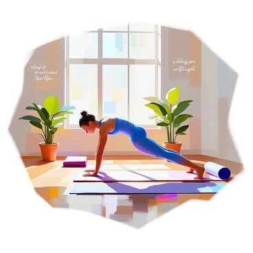 A yoga studio with wooden floors and large windows allowing natural light to pour in. In the center of the studio, an instructor with medium skin and dark hair is demonstrating dips as part of a fitness routine. The instructor is wearing form-fitting athletic clothing in shades of blue and is positioned in a fluid motion as they lower their body. Various yoga mats in different colors are placed throughout the studio, and there are potted plants in the corners, adding a touch of greenery. The walls are adorned with inspiring quotes about wellness and fitness.