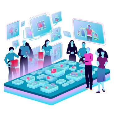 A vibrant online marketplace filled with an array of floating digital products, such as holographic gadgets, virtual clothing items, and animated accessories. Virtual customers with diverse appearances, including different skin tones and styles, are interacting with the products, some examining items closely while others engage in conversations. The atmosphere is lively, with neon lights illuminating the scene and digital signs displaying promotions. In the background, there are 3D displays showcasing featured items, further enhancing the futuristic shopping experience.