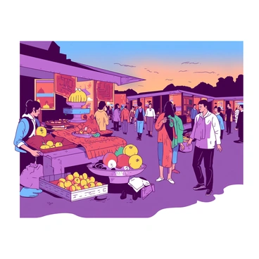 A vibrant market scene at dusk, illuminated by warm light. Various stalls display colorful produce, textiles, and handcrafted goods, creating an inviting atmosphere. People of different ages and backgrounds wander through the aisles, engaging in lively conversations and examining the goods. The sky transitions from orange to deep blue, casting a soft glow over the market. In the foreground, a stall features an array of fruits, while a nearby vendor offers aromatic spices, adding to the sensory experience.