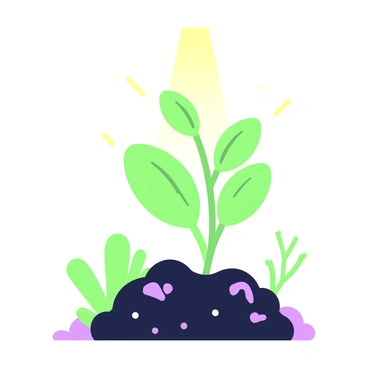 A small plant is sprouting from dark soil, showing fresh green leaves unfurling at the top. The plant stands upright, its stem displaying a delicate balance between fragility and resilience. Sunlight streams down from above, casting soft shadows around the plant and highlighting the texture of both the soil and the leaves. The background contains hints of additional greenery, suggesting a natural environment. The entire scene radiates a sense of life and growth.