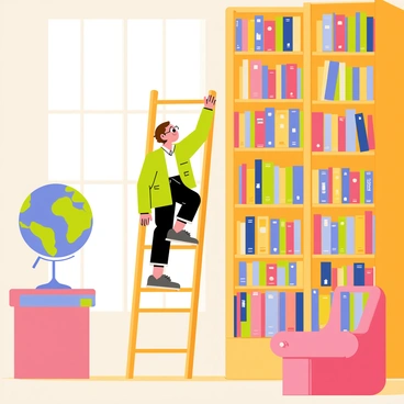 A librarian with short brown hair is standing on a wooden ladder, reaching up to place colorful books on a high shelf. The librarian is wearing round glasses and a green cardigan. The library has rows of tall wooden bookshelves filled with books of various sizes and colors. Soft light is filtering through large windows, casting gentle shadows on the polished wooden floor. A large globe sits on a nearby table, and a few plush armchairs are scattered around, inviting readers to sit and enjoy their books.