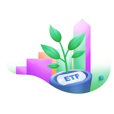 A modern pastel illustration featuring a bar graph with varying heights, illustrating different investment values. Emerging from the center of the graph is a vibrant green plant, symbolizing growth. The plant has several leaves and a sturdy stem. At the base of the plant, there is a clear label that reads "ETF" in bold, blue letters. The background is light and inviting, complementing the theme of investment and growth.