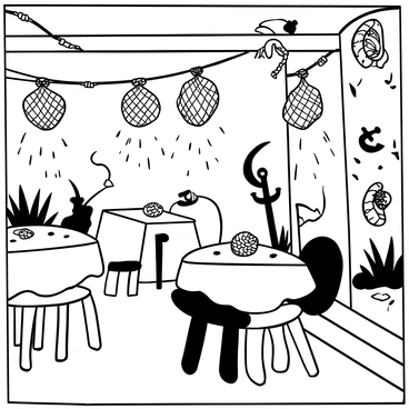 An interior view of a seafood restaurant featuring "fishbone motifs" artistically integrated into the wall designs and table decorations. The tables are set with white tablecloths, and each table has a small centerpiece made of seashells. Hanging from the ceiling are lamps shaped like fishing nets casting intricate shadows. Various nautical elements such as ropes and anchors are included as part of the decor, contributing to the ambiance. The floor is wooden, resembling a pier, enhancing the maritime theme of the restaurant.