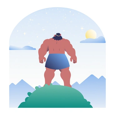 A Goliath, a tall and imposing figure, is standing on a hilltop gazing up at a star-filled sky. The Goliath is silhouetted against the soft glow of moonlight, which creates a gentle outline of his muscular form. The sky above is filled with countless stars twinkling brightly, while a few wispy clouds float peacefully. The hilltop is covered in lush greenery, and the silhouette of distant mountains can be seen in the background. The moon is bright and round, casting a silvery light across the scene.