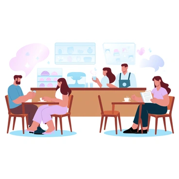 A cozy cafe interior with wooden furniture and tables arranged comfortably. There are illustrated elements on the walls, featuring whimsical designs and patterns. Several patrons are sitting at different tables, each holding a cup of coffee, engaged in conversation or reading. A barista is behind the counter, preparing drinks, with a display of pastries visible. Soft lighting enhances the warm atmosphere of the cafe.