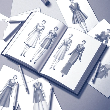 An open sketchbook lays on a textured surface, displaying several fashion sketches in intricate detail. The pages of the sketchbook show a variety of designs, including elegant dresses and chic accessories. Scattered around the sketchbook are additional sheets of paper, each featuring more Chanel-inspired fashion illustrations, showcasing the graceful lines and sophisticated patterns typical of the brand. The arrangement suggests a creative workspace, with a few pencils and erasers placed casually nearby, enhancing the artistic atmosphere.