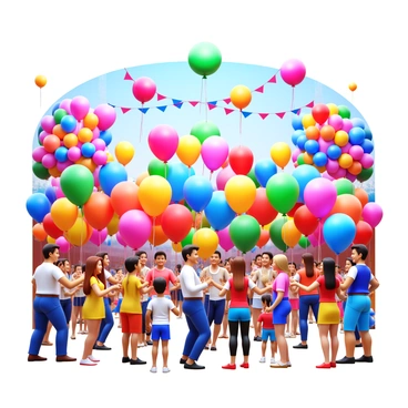 A vibrant festival scene featuring a variety of colorful balloons, each filled with oxygen. The balloons come in various shapes and sizes, including round, heart-shaped, and star-shaped. There are clusters of balloons floating in the air, creating a lively atmosphere. The background is filled with festive decorations, such as banners and flags. People of different ages are seen enjoying the festival, wearing bright clothing and smiling. Some are holding strings of balloons while others are interacting with friends and family. The overall scene is filled with joy and celebration.