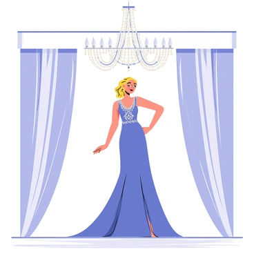 A woman wearing a long, flowing evening dress with intricate beading stands elegantly under a large, sparkling chandelier. The chandelier is adorned with dazzling crystals, casting shimmering reflections around the room. The woman's dress is a rich shade of deep blue, accentuating her silhouette as she poses gracefully. Her hair is styled in soft curls that cascade down her shoulders, and she has a subtle smile. The background features elegant decor with plush velvet drapes and a polished marble floor.