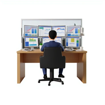 A stockbroker with short dark hair and wearing a navy blue suit is seated at a sleek wooden desk. The desk is cluttered with multiple computer screens, each displaying various market charts, graphs, and stock prices in bright colors. The stockbroker is intently focused on the screens, with a pen in hand and a notepad beside him filled with notes. The office is well-lit, with a large window in the background that shows a city skyline. Various financial magazines and a cup of coffee are also on the desk, adding to the atmosphere of a busy trading environment.