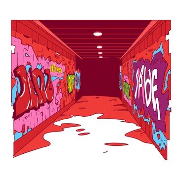 A red underground tunnel with walls completely covered in vibrant graffiti art. The graffiti features intricate designs and bold patterns in various colors, creating a lively atmosphere. Dim overhead lights cast a soft glow on the artwork, highlighting the details and making the colors pop. The ground is slightly damp, with puddles reflecting the vibrant hues of the graffiti. The tunnel extends into the distance, giving a sense of depth and exploration.