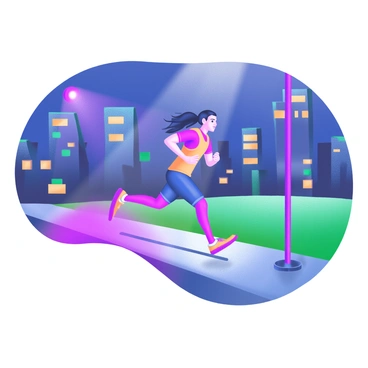 A modern pastel illustration depicting a runner sprinting on a wet pavement under bright city lights at night. The runner is wearing a vibrant outfit, with their face showing determination. The city skyline is visible in the background, with tall buildings illuminated by colorful lights. The reflection of the runner and the lights shimmer on the wet pavement, creating a dynamic and energetic scene.
