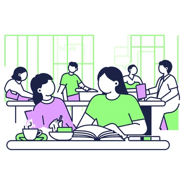 A patron with long hair is sitting at a wooden table in a bustling coffee shop. The patron is focused on reading from a thick book, with a pen in their right hand, making notes on a notepad that is open in front of them. The table is cluttered with a steaming cup of coffee, a small plate with a pastry, and a phone lying face up. In the background, several other patrons are engaged in conversations, with some sitting at tables and others waiting in line at the counter. Large windows let in natural light, illuminating the lively atmosphere of the coffee shop.