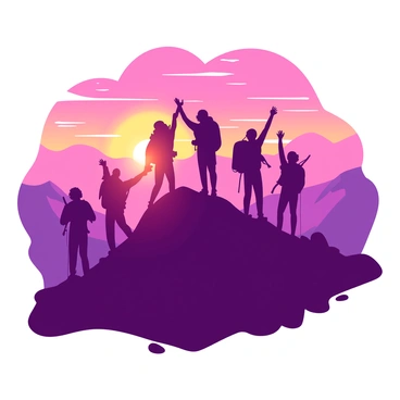 A group of hikers is standing triumphantly at the peak of a mountain, silhouetted against a vivid sunset. The sky is filled with shades of orange and pink as the sun dips below the horizon. Each hiker is dressed in outdoor gear, with backpacks slung over their shoulders. They are positioned in various poses, some with arms raised in celebration, while others are taking pictures of the breathtaking panoramic view. The landscape below is visible, showcasing valleys and distant mountains bathed in the warm glow of the setting sun.