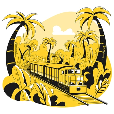 A cargo train making its way through a dense tropical jungle with vibrant flora