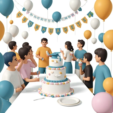 A festive graduation reception setting filled with colorful balloons in various shades of blue, gold, and white. There are vibrant banners hanging from the walls, each displaying the phrase "Congratulations Graduates" in bold lettering. A large, beautifully decorated cake is situated on a table, adorned with the graduation caps and diplomas, surrounded by plates and utensils ready for guests. The atmosphere is lively with guests mingling, some holding drinks and others photographing the celebration.