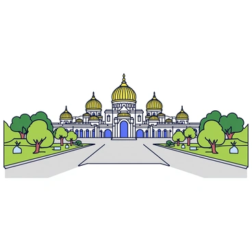 A grand view of "Istana Negara," the Malaysian Royal Palace, showcasing its "golden domes" shimmering in the sunlight. The palace features intricate architectural details with elegant arches and a lush surrounding landscape filled with green trees and well-maintained gardens. The image captures the grandeur of the palace, highlighting the majestic entrance and the wide pathway leading up to it. The sky above is clear, enhancing the beauty of the palace's facade.