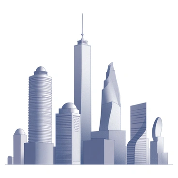 A city skyline featuring six skyscrapers of various distinctive shapes. The first skyscraper is tall and slender, tapering as it rises toward the sky. The second has a rounded, dome-like top, contrasting with the sharp angles of the others. The third building is designed with a zigzag pattern, creating a dynamic visual effect. The fourth skyscraper has an asymmetrical design, with one side significantly longer than the other. The fifth building is wide and squat, with an intricate facade that includes numerous balconies. Lastly, the sixth skyscraper is shaped like a twisted ribbon, spiraling upward. The scene captures the silhouettes of these structures against the backdrop of a clear sky.