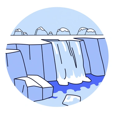 A frozen waterfall cascading down a cliff with bright blue and white ice formations. The waterfall is surrounded by jagged icebergs and glacial rock, reflecting the sunlight. In the background, the landscape features a clear sky with soft white clouds and a distant view of more icy cliffs. The scene captures the intricate details of ice textures and the dynamic flow of the frozen water.
