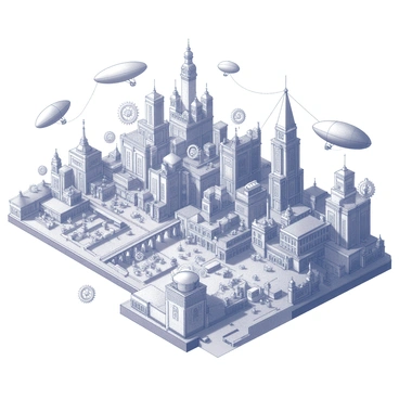 A detailed map of a steampunk city. The map features various cogwheels scattered throughout the landscape, illustrating the mechanical aspect of the city. Airships are depicted flying above the skyline, with ropes and guides linking them to various points in the city. The streets are intricate, winding through the cityscape with numerous intersections and side streets. Several buildings are labeled with unique architectural designs, showcasing the Victorian-inspired elements of the city. There are bridges connecting different parts of the city, along with parks and plazas indicated on the map.