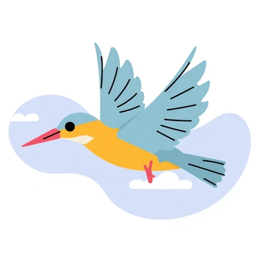 A vibrant blue kingfisher soaring through the air with its wings fully outstretched. The bird's feathers glisten in bright shades of turquoise and orange. Below, a clear blue sky with a few fluffy white clouds enhances the scene. The kingfisher's sharp beak is pointed forward as it glides gracefully, showcasing its streamlined body.
