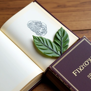 An elegant bookmark made of pressed fig leaves, showing the intricate patterns of the leaves. The bookmark is partially peeking out from a weathered antique book with a leather cover and gold lettering. The book lies open, revealing yellowed pages and a delicate illustration visible on one of the pages. The scene is set on a wooden table, with soft natural light illuminating the bookmark and book, highlighting their textures.