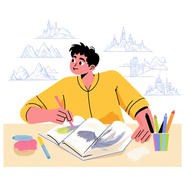 An illustrator is seated at a wooden table, deeply focused on their work. They have a collection of colored markers and a set of sharpened pencils scattered around them. The artist is sketching a fantastical creature with large wings and intricate details. The creature is emerging from a book filled with other concept art. Several sketches of mythical landscapes can be seen in the background, showcasing mountains, forests, and castles. The illustrator's expression reflects concentration and creativity as they bring their imaginative ideas to life on paper.