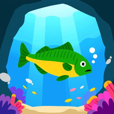 A vibrant mahi-mahi with shimmering green and yellow scales swims through an underwater cave. The cave walls are covered in colorful coral and adorned with various seashells. Rays of sunlight filter through the water, creating a beautiful pattern of light and shadow. The mahi-mahi curiously inspects the cave, gliding gracefully among clusters of small, tropical fish that dart in and out of crevices. Bubbles rise from its gills, adding movement to the tranquil scene.