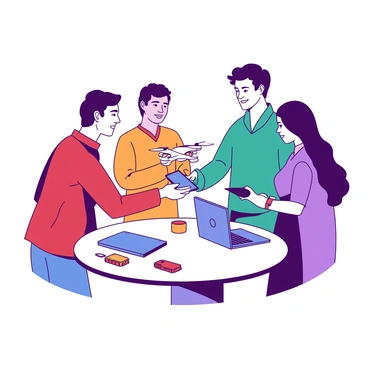 A group of four people is standing around a circular table engaged in an active exchange of technological gadgets. Each person represents a different country, showcasing their unique cultural attire. One person, wearing a red shirt, is handing over a sleek blue smartphone to another person dressed in a teal jacket. The second person is smiling and holding out a small white drone in return. Across from them, another participant in a purple dress is examining a compact blue laptop, while the last individual in orange tech gear looks on with interest, holding a yellow smartwatch. The scene conveys a sense of collaboration and excitement in the world of technology.