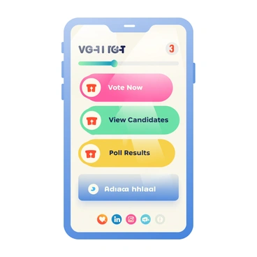 A modern smartphone displays an app interface showcasing digital voting options. The screen is filled with vibrant colored buttons labeled with "Vote Now," "View Candidates," and "Poll Results." Each option is designed with rounded corners and sleek icons. A progress bar at the top indicates the time remaining for voting. The background features a subtle gradient, transitioning from light blue to soft white, adding depth to the interface. On the bottom, a row of social media icons is displayed for sharing, and a notification alert is visible in the top corner.