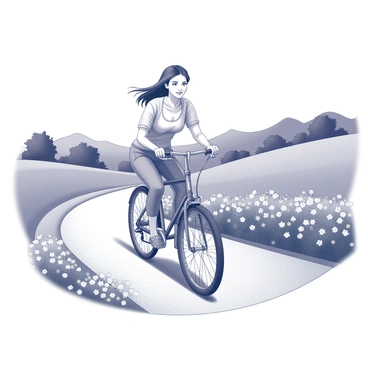 A young woman named Marie is riding a bicycle along a winding path. She has a relaxed posture, with both hands gripping the handlebars. On either side of the path, there are clusters of flowers in full bloom, creating a lush landscape. The countryside features rolling hills in the background, dotted with trees that provide shade. The sky above is clear, suggesting a pleasant day for a ride. Marie's hair flows behind her as she pedals, enjoying the journey through the picturesque scenery.