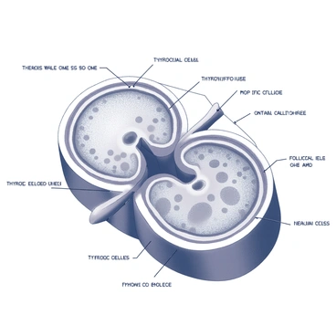 A detailed cross-sectional view of the thyroid gland is presented. The gland is displayed in a horizontal plane, showcasing its two lobes connected by the isthmus. The internal structure reveals the presence of follicular cells, which surround the thyroid follicles that contain colloid. The follicles vary in size, some appearing large and filled with a clear material, while others are smaller and less filled. The surrounding connective tissue and blood vessels are depicted, creating a comprehensive understanding of the gland's anatomy. Labels clearly identify the various components, including the lobes, isthmus, and follicles.