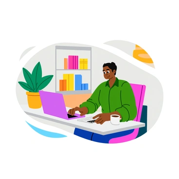 A person sitting at a clean desk in a well-organized home workspace, attending a virtual meeting on a laptop. The workspace features a large potted plant on the side and a bookshelf filled with books behind them. The person is wearing a casual yet professional outfit and has a focused expression. A cup of coffee sits next to the laptop, and a soft, warm light illuminates the area.