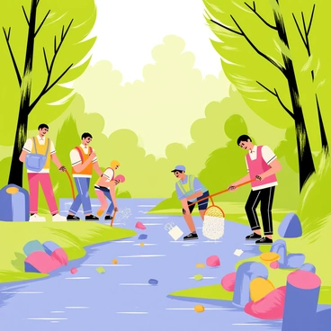 A group of volunteers wearing colorful vests is actively removing plastic waste from a small river. The river is surrounded by tall green trees and dense foliage, creating a vibrant backdrop. The volunteers are using nets and bags to collect debris, with some bending down near the water's edge. Brightly colored plastic bottles, bags, and wrappers are visible in the river and on the bank. Sunlight filters through the leaves, casting dappled shadows on the scene. A few birds can be seen perched on branches nearby, adding to the lively atmosphere of the forest.