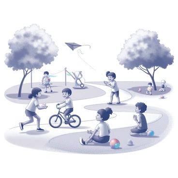 A group of children of various ethnicities is engaged in playful activities in a park. They are laughing and interacting with each other, showcasing their joy. One child is flying a kite, while another is riding a bicycle along a winding path. Nearby, a small group is sitting on the grass, sharing snacks and playing with a colorful ball. Trees with lush foliage provide shade, and a playground is visible in the background, where other children are climbing and sliding. The scene is bright and filled with the energy of a summer day.
