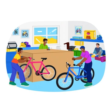 A bright, airy bike shop interior with shop staff members working diligently. One staff member is securing a shiny red bicycle with a glossy frame into a large cardboard box, using bubble wrap for protection. Another staff member is placing a blue mountain bike with knobby tires onto a workbench, checking its gears and brakes. Various tools and bike accessories are scattered around the workspace. A clear window in the background reveals a sunny day outside. The shop's walls are adorned with colorful posters of different bicycle models and cycling gear. The atmosphere is busy and organized as the team prepares for delivery.