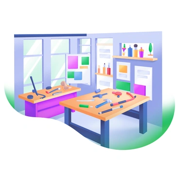 A bright workshop filled with various tools and materials designed for participants of all skill levels and abilities. The room features a large wooden workbench covered with an assortment of tools, including hammers, pliers, and screwdrivers. Nearby, shelves are neatly stocked with colorful craft supplies, such as paints, brushes, and fabric. In one corner, a display showcases completed projects, ranging from simple to complex, inspiring creativity. Natural light floods the space through large windows, creating an inviting atmosphere for everyone.