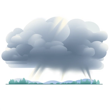 A dramatic sky filled with steel-gray clouds looms overhead, creating a sense of impending weather. The clouds are thick and textured, with darker shades of gray mingling near the center and lighter tones at the edges. Rays of dim light occasionally pierce through the gaps between the clouds, hinting at the sun's presence. Beneath this atmospheric display, the landscape is muted, with soft silhouettes of trees and hills visible in the distance, creating a striking contrast against the turbulent sky.
