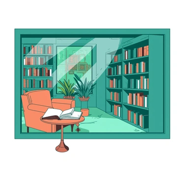A teal quaint bookstore features tall wooden shelves that are filled with leather-bound classic books. The shelves are neatly organized, with some books standing upright while others are stacked horizontally. Soft lighting illuminates the interiors, creating a cozy atmosphere. In the center of the store, there is a small round wooden table with a few open books resting on it. A comfortable orange armchair is positioned nearby, inviting readers to sit and browse. A large window at the front displays an assortment of potted plants, adding a touch of greenery to the scene.