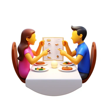 A couple sitting at a restaurant table, engaged in conversation. The table is elegantly set with two plates, each featuring different colorful dishes. The couple is reviewing a diverse menu displayed on the table. The man has short black hair, while the woman has long brown hair. They are both smiling and pointing at various items on the menu. Soft ambient lighting creates a warm atmosphere around them.