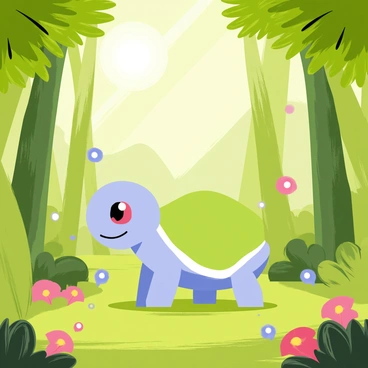 A Squirtle with a light blue shell and a cheerful expression is wandering through a mystical forest. The forest is filled with tall, vibrant green trees and a carpet of soft moss underfoot. Rare magical lights in various colors, like pink, blue, and purple, float gently in the air, illuminating the surroundings. The Squirtle looks curiously at the glowing lights while small, colorful flowers bloom around its feet. Sunlight filters through the leaves, creating a dappled pattern on the ground, enhancing the enchanting atmosphere of the setting.