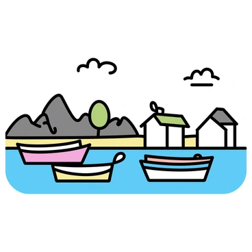 A fishing village with small wooden boats anchored in a calm sea. The boats are painted in various colors, with some featuring bright reds and blues. The village consists of simple, whitewashed houses with sloped roofs. In the background, a few trees and rocky hills provide a natural barrier. The water reflects the colors of the boats, creating a tranquil scene. A clear sky above with a few fluffy clouds completes the picturesque view.