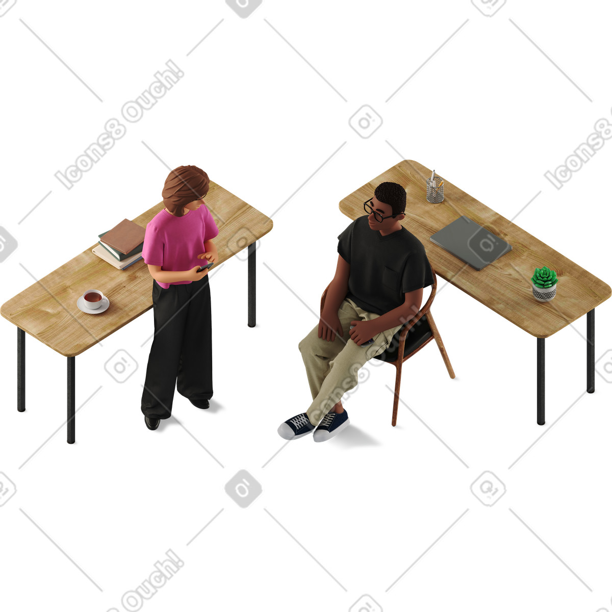 Ilustração de Female and male colleagues talking at work em no estilo 3D Business para baixar em PNG, SVG