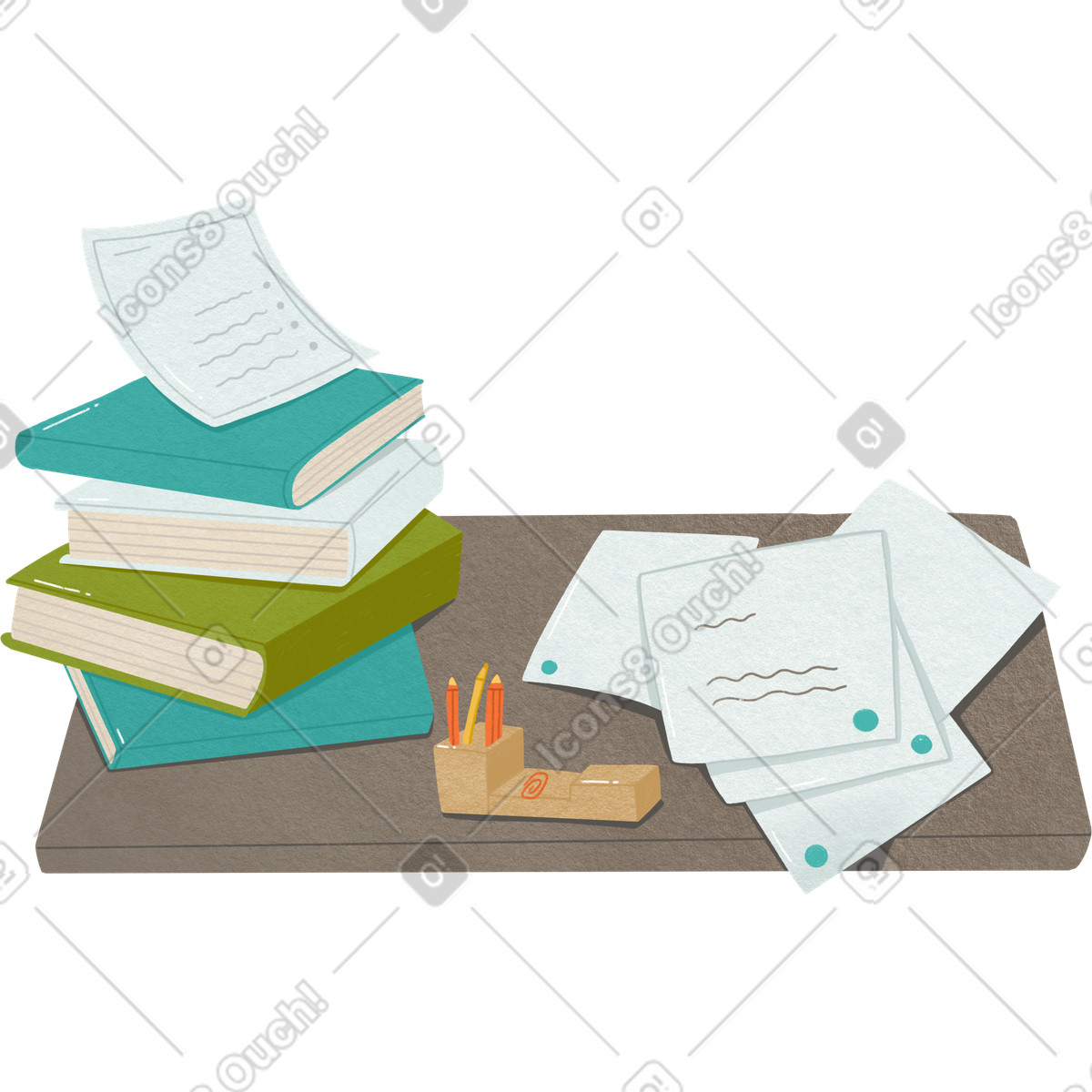 Ilustración Escritorio gris con libros, papeles y material de oficina. en estilo Goose a descargar en PNG SVG
