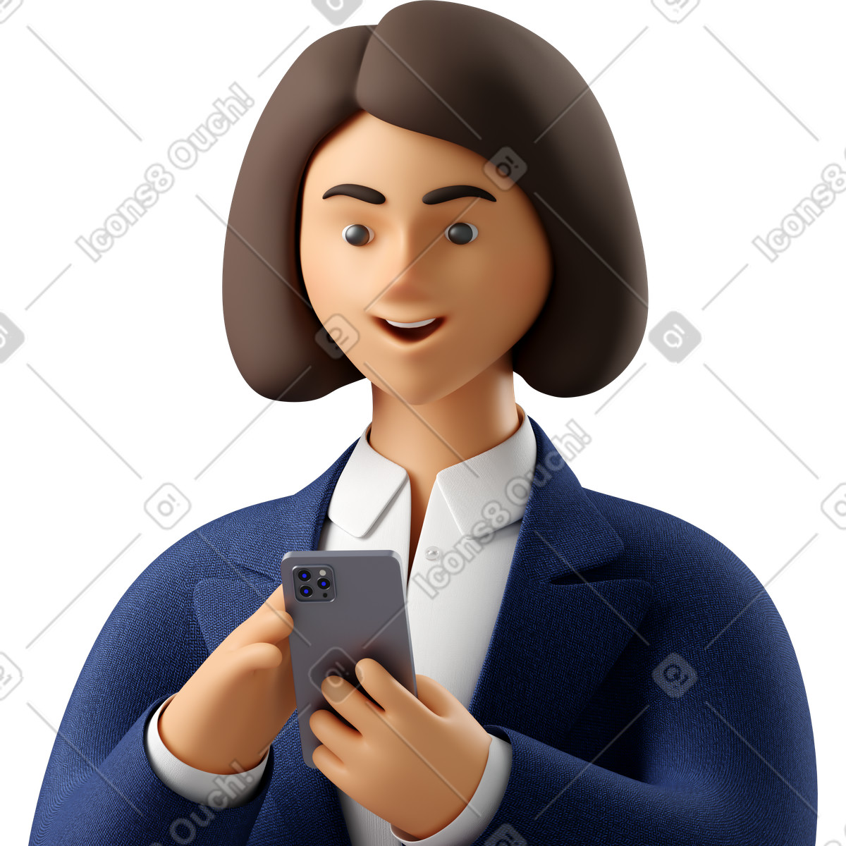 Illustration Close up of businesswoman in blue suit looking at phone dans le style 3D Business à télécharger aux formats PNG, SVG