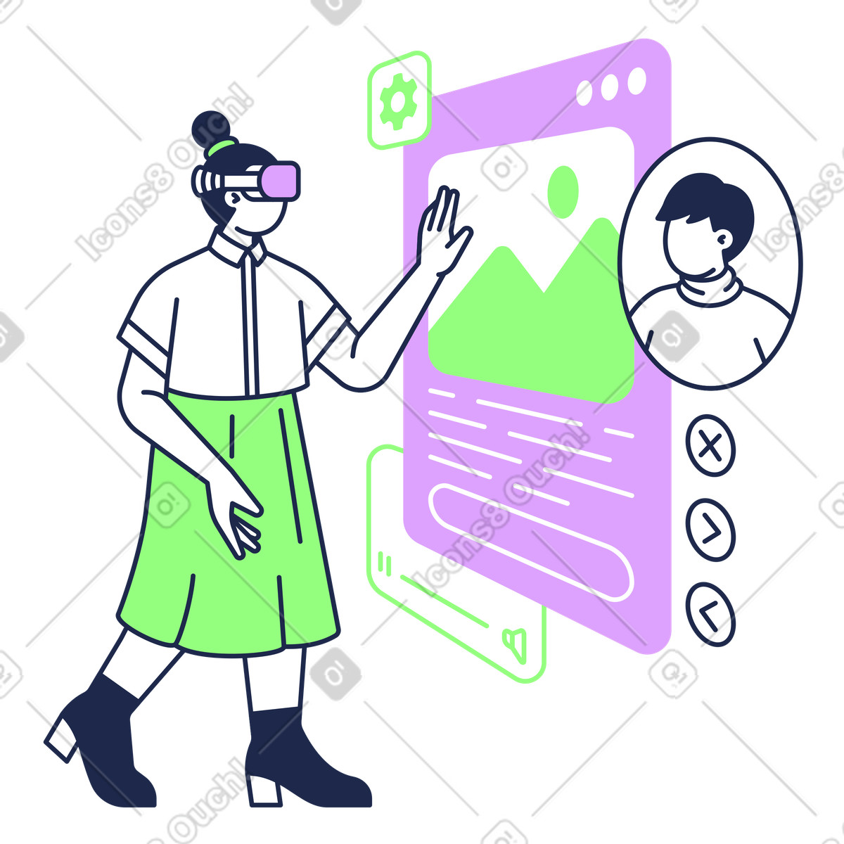 Outline 스타일의 Interaction with virtual interface, mixed reality technology in remote work 일러스트레이션 PNG, SVG 다운로드