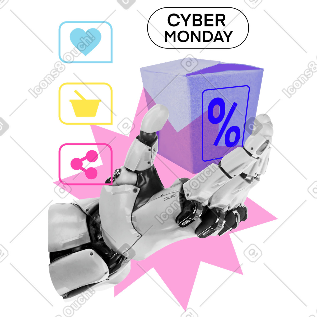 Cyber monday sale with robot arm illustration in PNG, SVG