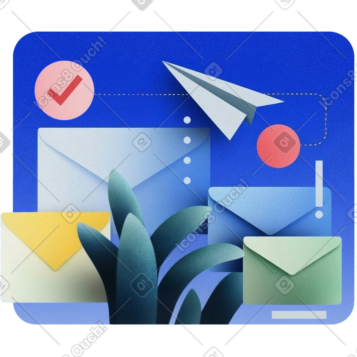 Paper plane flying over envelopes with checkmark icon, Sent message confirmation illustration in Grainy style download in PNG, SVG
