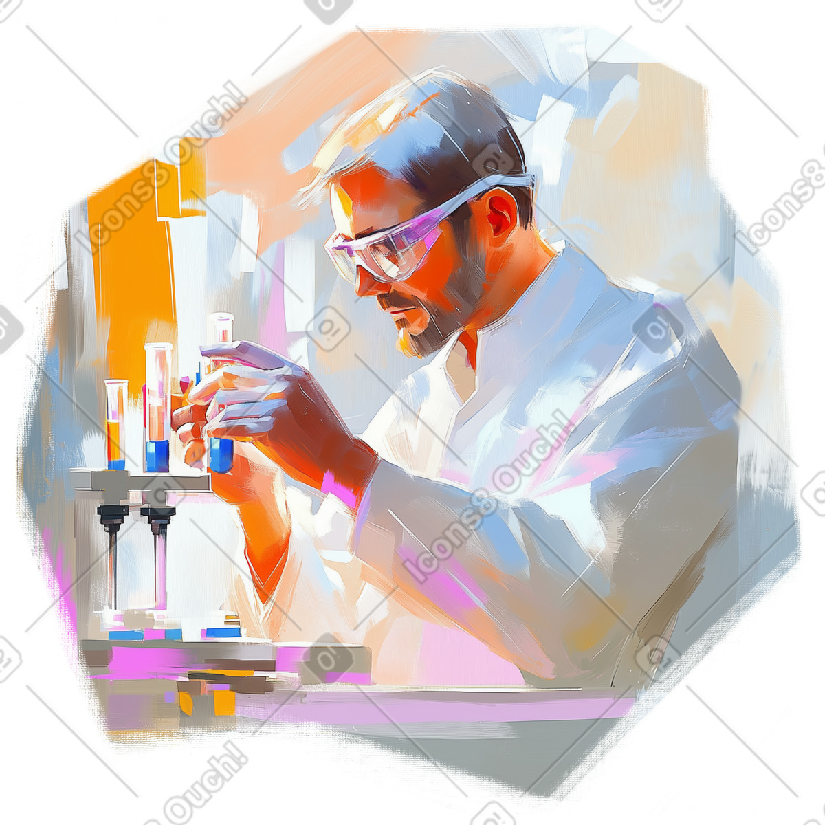 Pictorial スタイルの 研究室にいる男性科学者を描いた油絵 のイラストをPNG、SVG形式でダウンロード