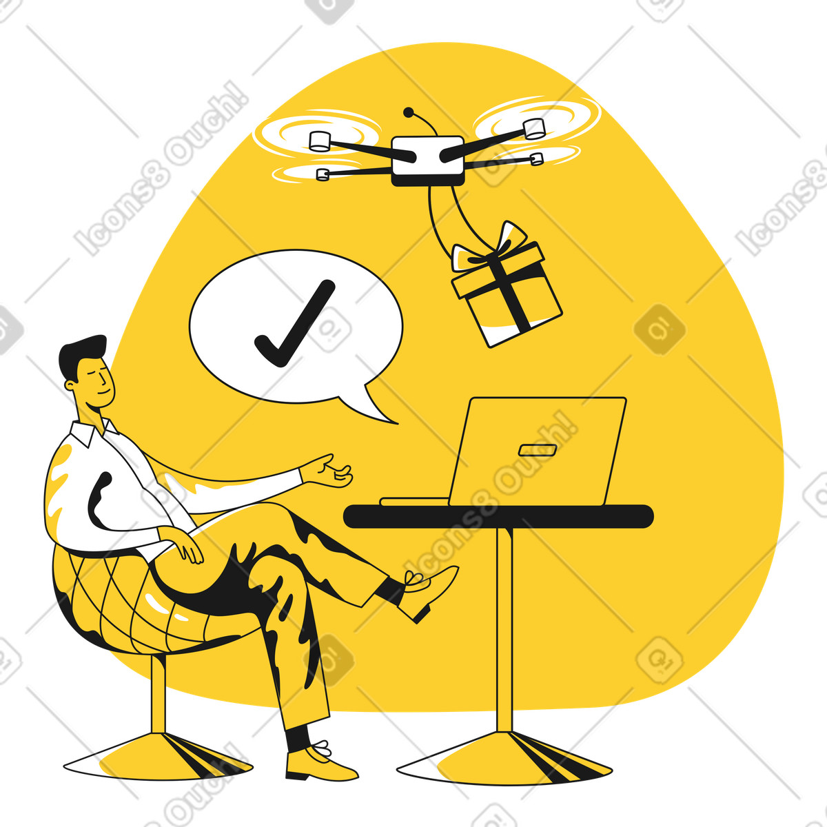 Drone delivering gift box to office worker, Modern logistics and shipping illustration in Taxi style download in PNG, SVG